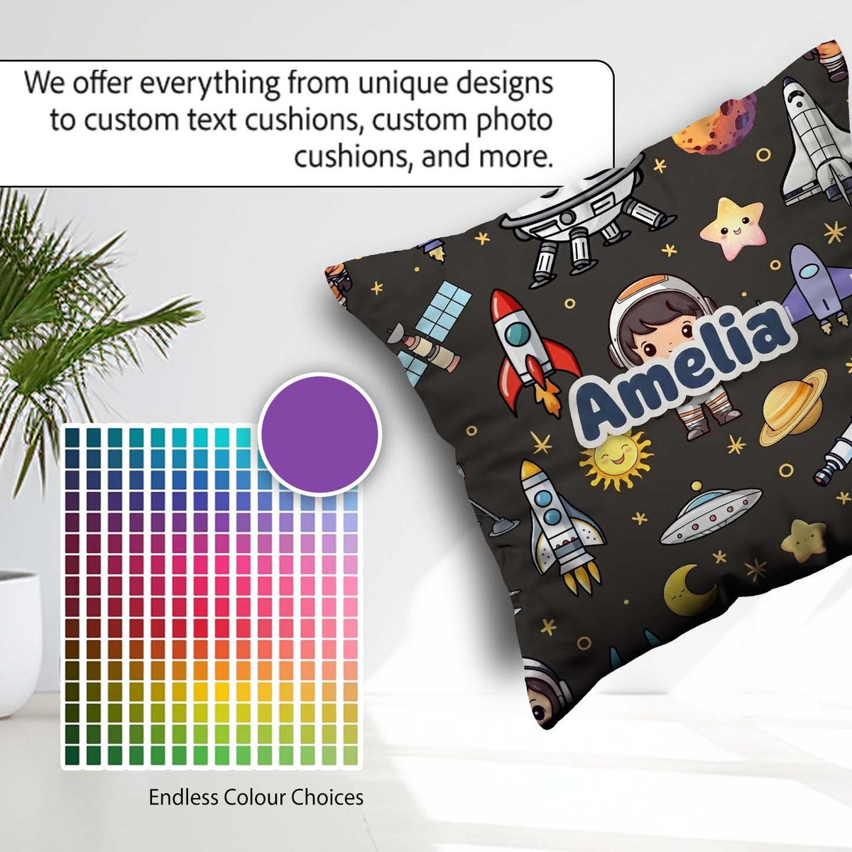 Custom Name Space Astronaut Rockets Telescope Seamless Dark Grey Square Filled Cushion Throw Pillow Sofa Bed Home Decor Zip Washable UK Made