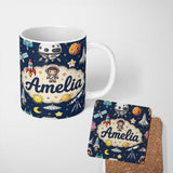 Personalized Custom Name Space Astronaut Rockets UFO Telescope Seamless Navy Blue Background 11oz Ceramic Coffee Tea Mug White Large Handle