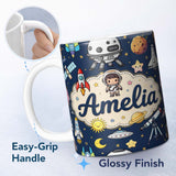 Personalized Custom Name Space Astronaut Rockets UFO Telescope Seamless Navy Blue Background 11oz Ceramic Coffee Tea Mug White Large Handle