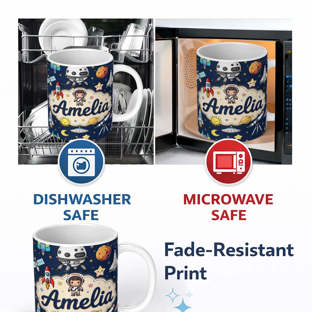 Personalized Custom Name Space Astronaut Rockets UFO Telescope Seamless Navy Blue Background 11oz Ceramic Coffee Tea Mug White Large Handle