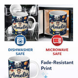 Personalized Custom Name Space Astronaut Rockets UFO Telescope Seamless Navy Blue Background 11oz Ceramic Coffee Tea Mug White Large Handle
