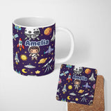Personalized Custom Name Space Astronaut Rockets UFO Telescope Seamless Purple Background 11oz Ceramic Coffee Tea Mug White Large Handle