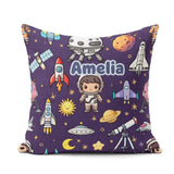 Custom Name Space Astronaut Telescope Seamless Purple Background Square Filled Cushion Throw Pillow Sofa Bed Home Decor Zip Washable UK Made