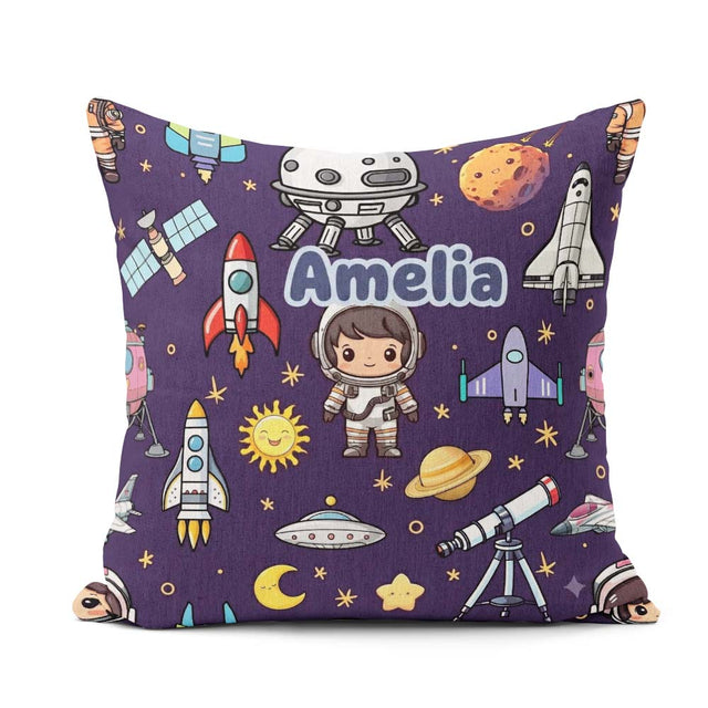 Custom Name Space Astronaut Telescope Seamless Purple Background Square Filled Cushion Throw Pillow Sofa Bed Home Decor Zip Washable UK Made