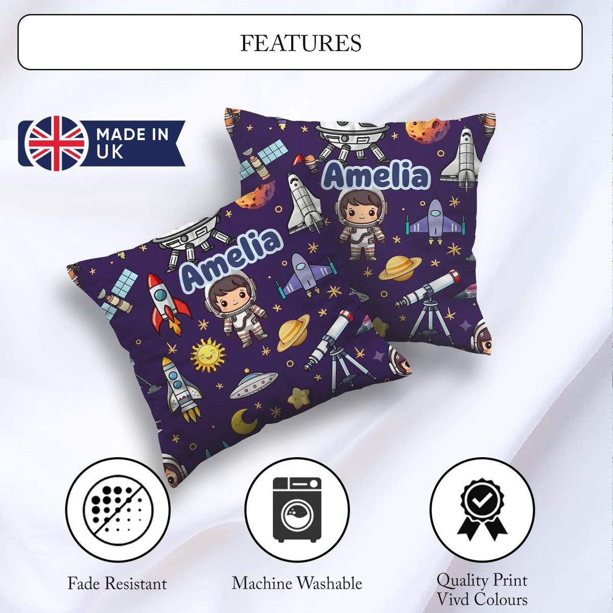 Custom Name Space Astronaut Telescope Seamless Purple Background Square Filled Cushion Throw Pillow Sofa Bed Home Decor Zip Washable UK Made