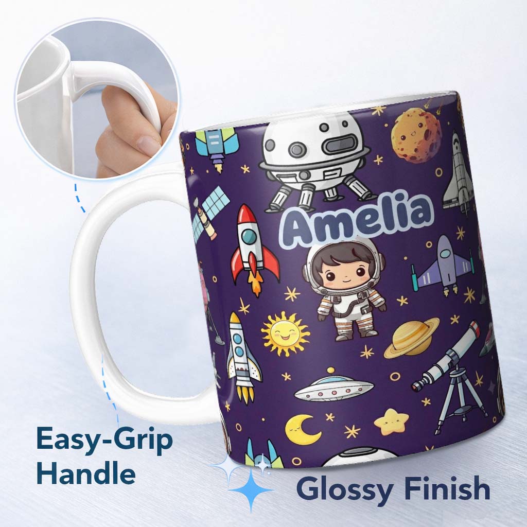 Personalized Custom Name Space Astronaut Rockets UFO Telescope Seamless Purple Background 11oz Ceramic Coffee Tea Mug White Large Handle