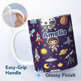 Personalized Custom Name Space Astronaut Rockets UFO Telescope Seamless Purple Background 11oz Ceramic Coffee Tea Mug White Large Handle