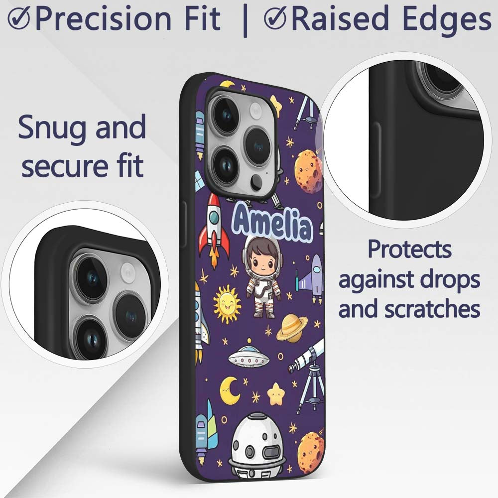 Space Astronaut Rockets UFO Telescope Seamless Custom Name Protective Phone Case Mobile Cover Durable Everyday Smartphone Shock Resistant