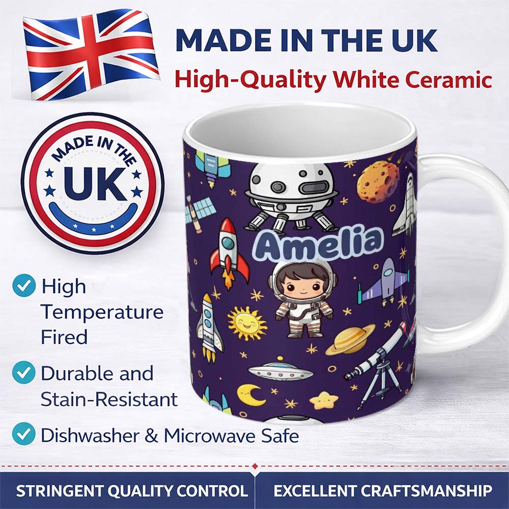 Personalized Custom Name Space Astronaut Rockets UFO Telescope Seamless Purple Background 11oz Ceramic Coffee Tea Mug White Large Handle