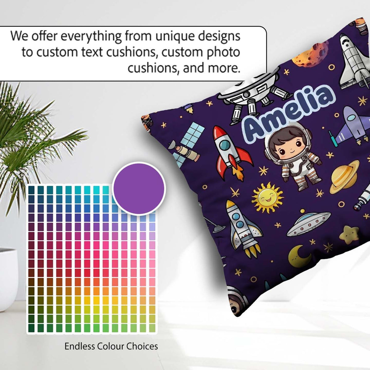 Custom Name Space Astronaut Telescope Seamless Purple Background Square Filled Cushion Throw Pillow Sofa Bed Home Decor Zip Washable UK Made