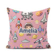 Custom Name Space Astronaut Rockets UFO Seamless Pink Background Square Filled Cushion Throw Pillow Sofa Bed Home Decor Zip Washable UK Made