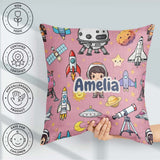 Custom Name Space Astronaut Rockets UFO Seamless Pink Background Square Filled Cushion Throw Pillow Sofa Bed Home Decor Zip Washable UK Made