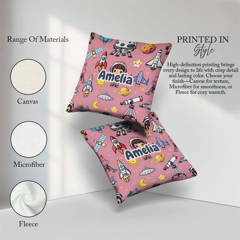 Custom Name Space Astronaut Rockets UFO Seamless Pink Background Square Filled Cushion Throw Pillow Sofa Bed Home Decor Zip Washable UK Made