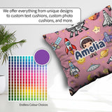 Custom Name Space Astronaut Rockets UFO Seamless Pink Background Square Filled Cushion Throw Pillow Sofa Bed Home Decor Zip Washable UK Made