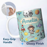 Personalized Custom Name Space Astronaut Rockets UFO Telescope Seamless Mint Green 11oz Ceramic Coffee Tea Mug White Large Handle