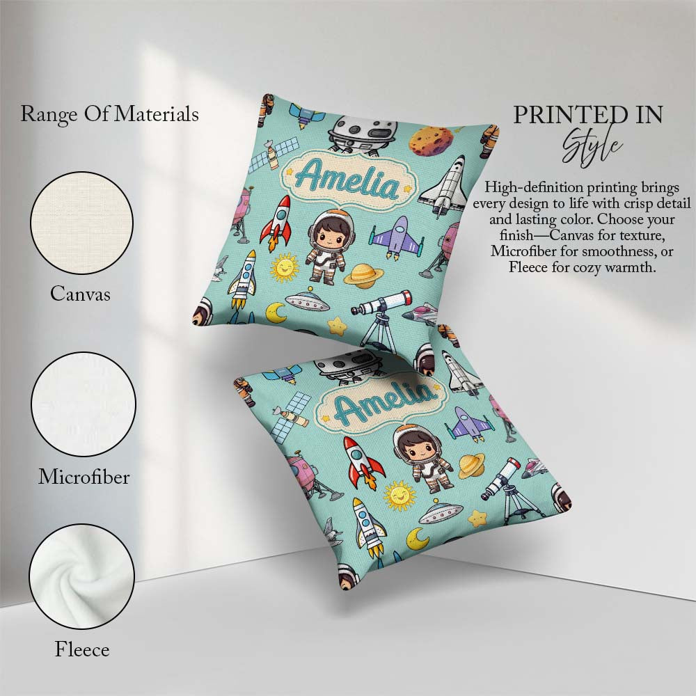Custom Name Space Astronaut Rockets UFO Telescope Seamless Green Square Filled Cushion Throw Pillow Sofa Bed Home Decor Zip Washable UK Made
