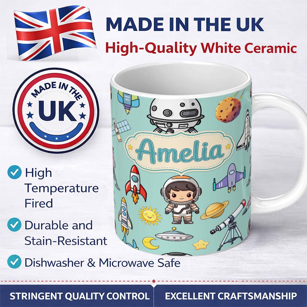 Personalized Custom Name Space Astronaut Rockets UFO Telescope Seamless Mint Green 11oz Ceramic Coffee Tea Mug White Large Handle