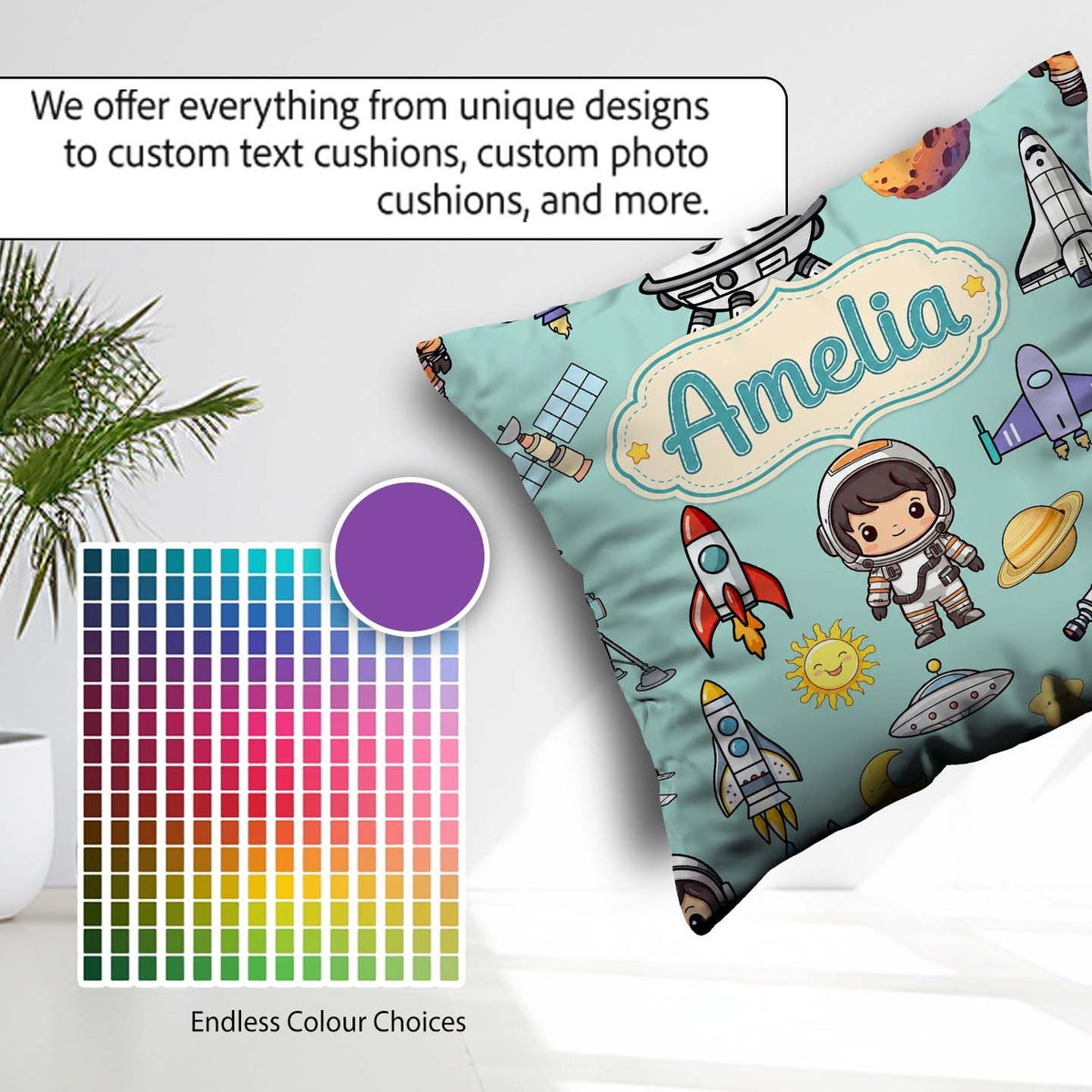 Custom Name Space Astronaut Rockets UFO Telescope Seamless Green Square Filled Cushion Throw Pillow Sofa Bed Home Decor Zip Washable UK Made