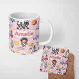 Personalized Custom Name Space Astronaut Rockets UFO Telescope Seamless Light Pink 11oz Ceramic Coffee Tea Mug White Large Handle