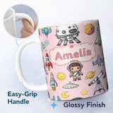Personalized Custom Name Space Astronaut Rockets UFO Telescope Seamless Light Pink 11oz Ceramic Coffee Tea Mug White Large Handle