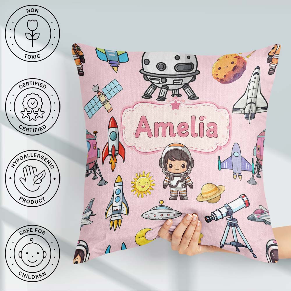 Custom Name Space Astronaut Rockets UFO Telescope Seamless Light Square Filled Cushion Throw Pillow Sofa Bed Home Decor Zip Washable UK Made