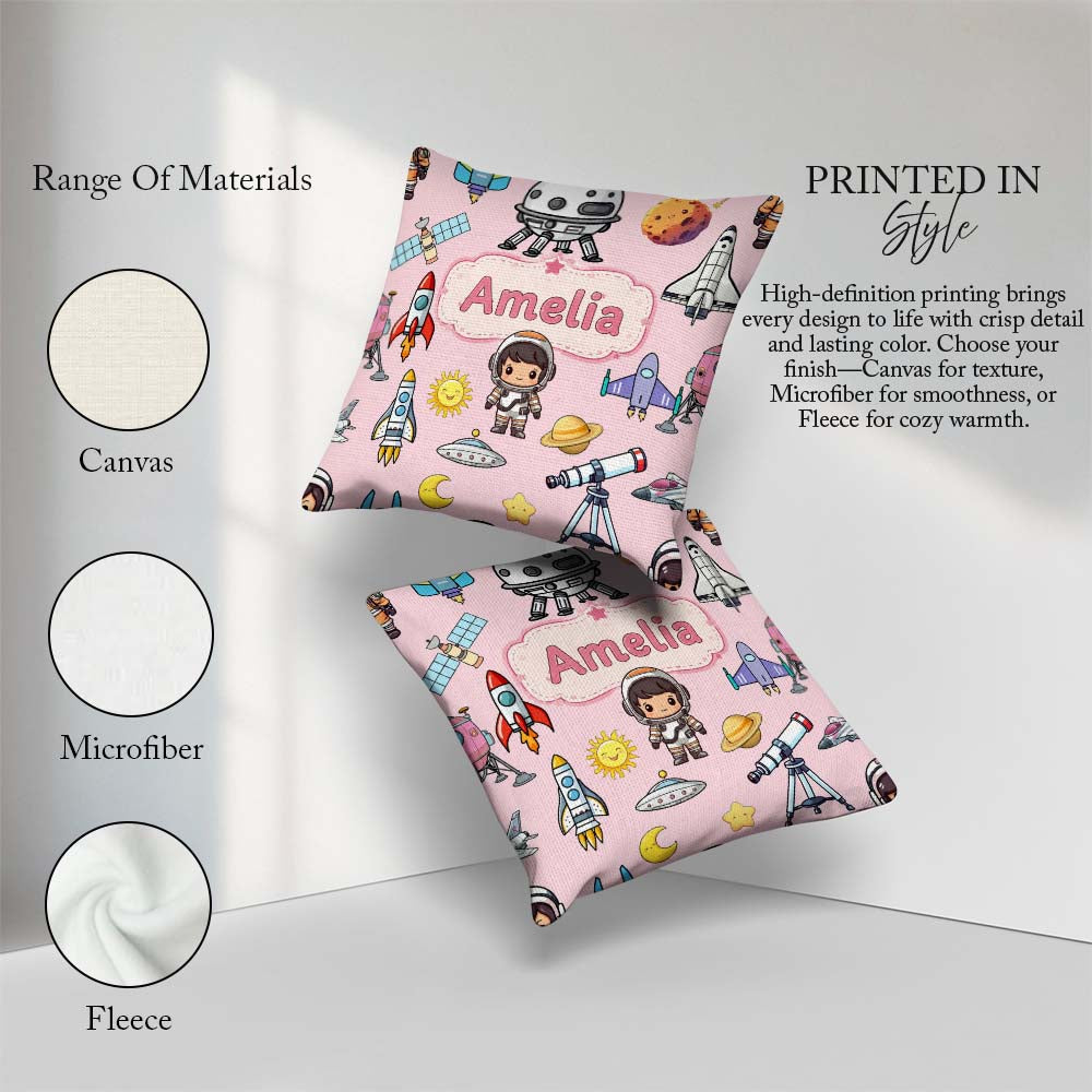 Custom Name Space Astronaut Rockets UFO Telescope Seamless Light Square Filled Cushion Throw Pillow Sofa Bed Home Decor Zip Washable UK Made