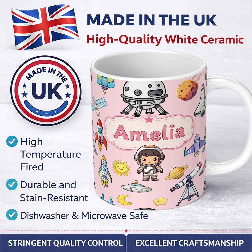 Personalized Custom Name Space Astronaut Rockets UFO Telescope Seamless Light Pink 11oz Ceramic Coffee Tea Mug White Large Handle