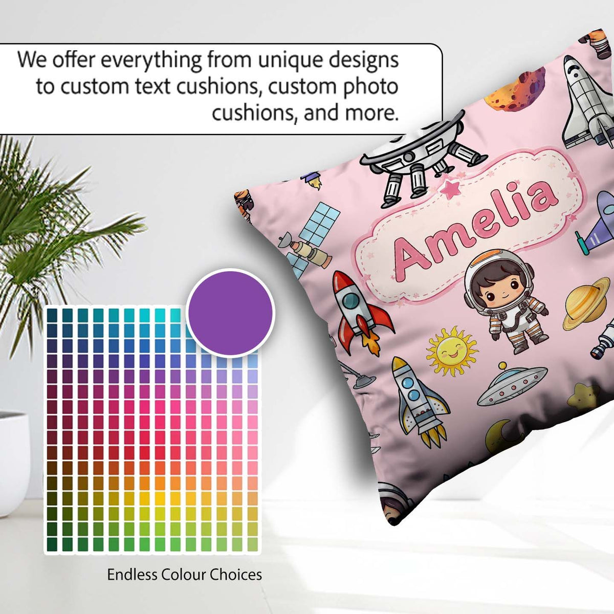 Custom Name Space Astronaut Rockets UFO Telescope Seamless Light Square Filled Cushion Throw Pillow Sofa Bed Home Decor Zip Washable UK Made