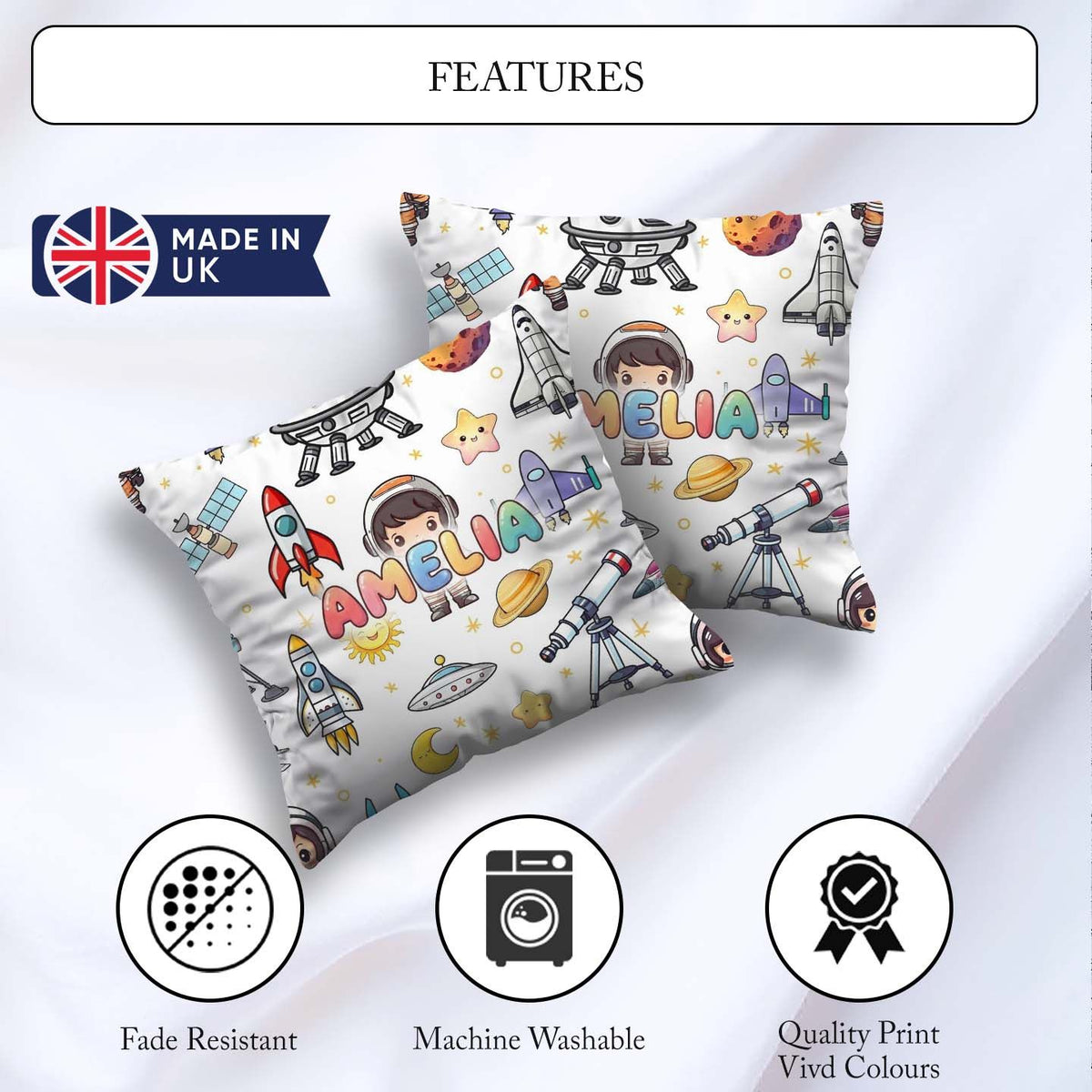 Custom Name Space Astronaut Rockets UFO Telescope Seamless White Square Filled Cushion Throw Pillow Sofa Bed Home Decor Zip Washable UK Made