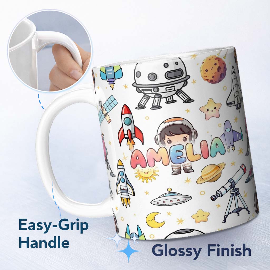 Personalized Custom Name Space Astronaut Rockets UFO Telescope Seamless White Background 11oz Ceramic Coffee Tea Mug White Large Handle