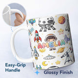 Personalized Custom Name Space Astronaut Rockets UFO Telescope Seamless White Background 11oz Ceramic Coffee Tea Mug White Large Handle