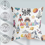 Custom Name Space Astronaut Rockets UFO Telescope Seamless White Square Filled Cushion Throw Pillow Sofa Bed Home Decor Zip Washable UK Made
