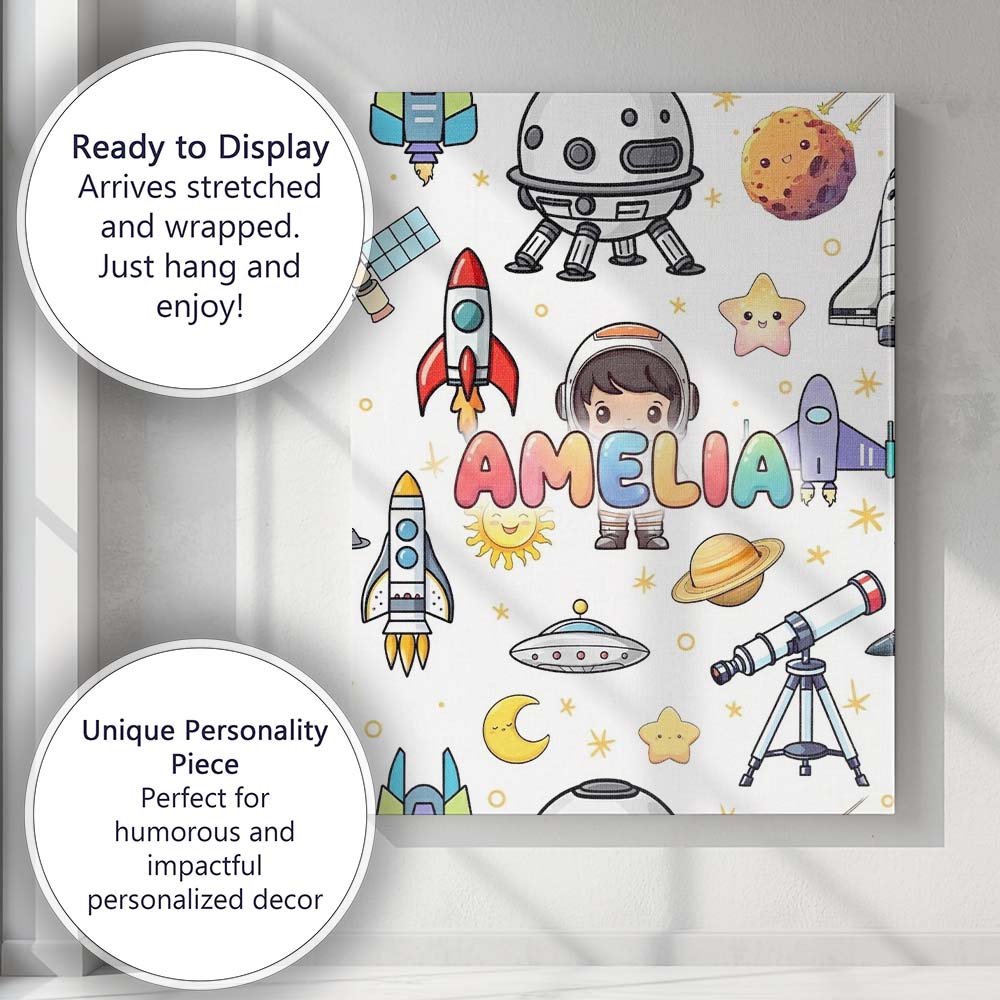 Personalised Name Space Astronaut Rockets Custom  Unique Gift Idea Elegant Feature Canvas Wall Art Print Decor Picture Ready to Hang