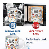 Personalized Custom Name Space Astronaut Rockets UFO Telescope Seamless White Background 11oz Ceramic Coffee Tea Mug White Large Handle