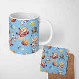 Personalized Custom Name Space Dog Bear Astronaut Rockets Planets Seamless Blue Background 11oz Ceramic Coffee Tea Mug White Large Handle
