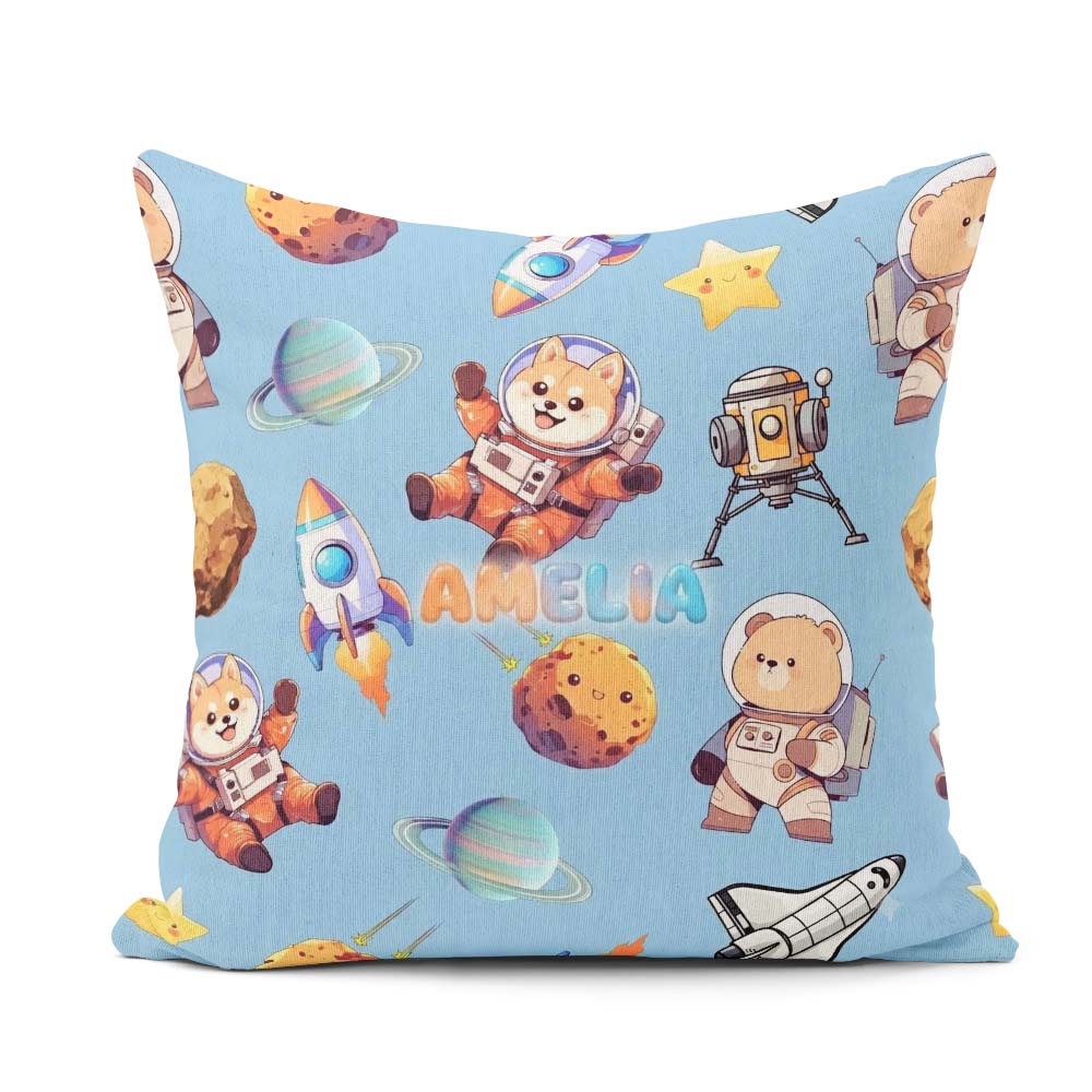 Custom Name Space Dog Bear Astronaut Rockets Seamless Background Square Filled Cushion Throw Pillow Sofa Bed Home Decor Zip Washable UK Made