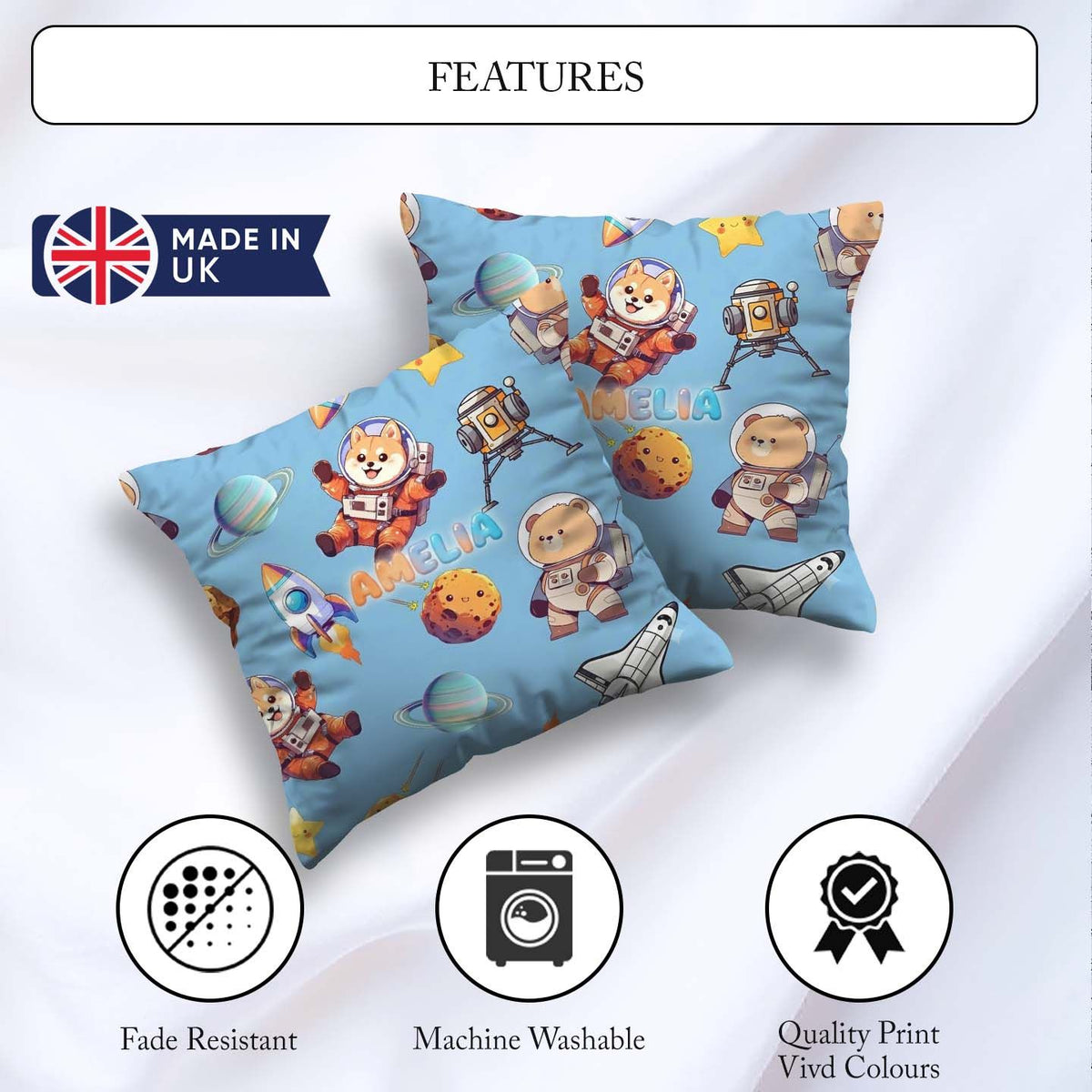 Custom Name Space Dog Bear Astronaut Rockets Seamless Background Square Filled Cushion Throw Pillow Sofa Bed Home Decor Zip Washable UK Made