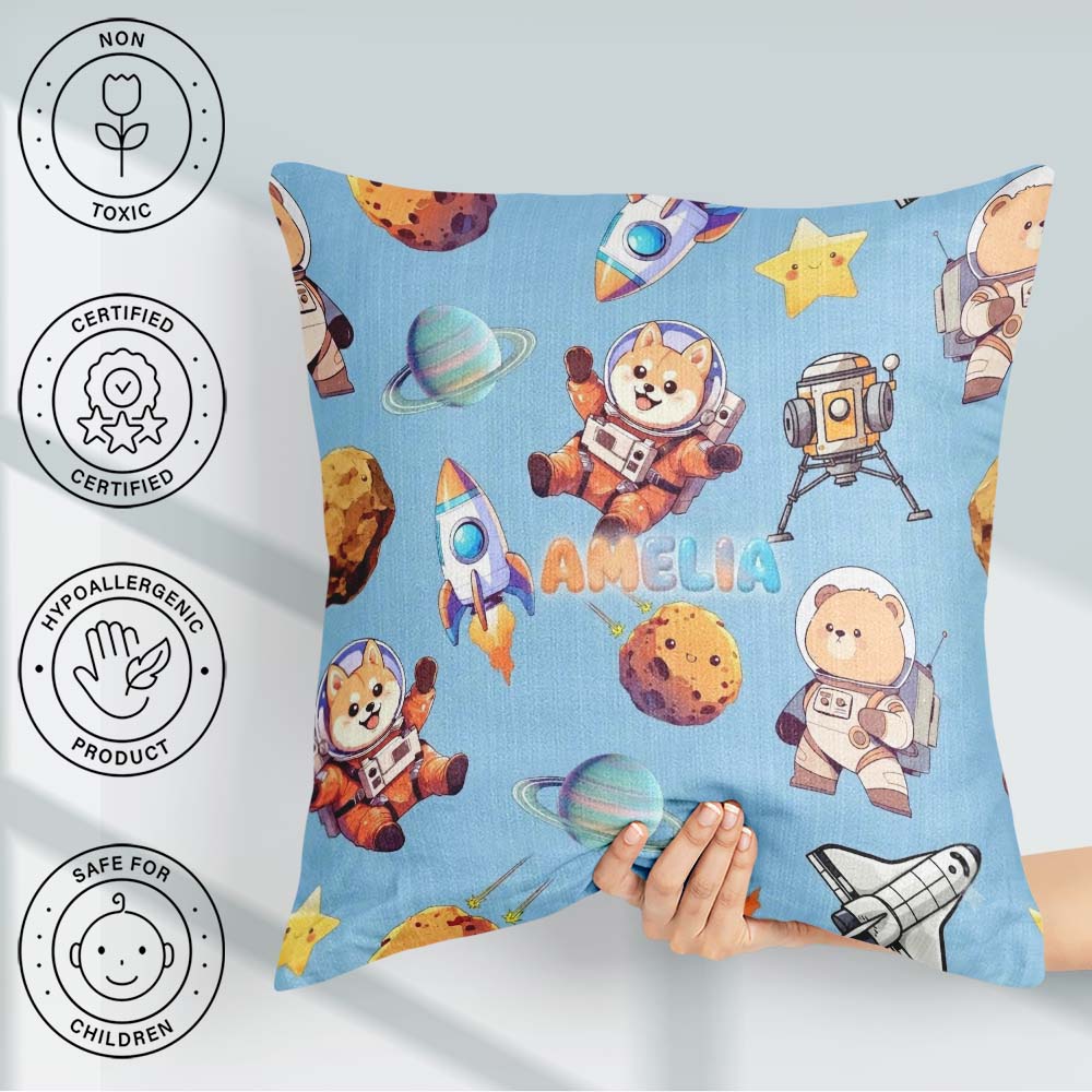 Custom Name Space Dog Bear Astronaut Rockets Seamless Background Square Filled Cushion Throw Pillow Sofa Bed Home Decor Zip Washable UK Made