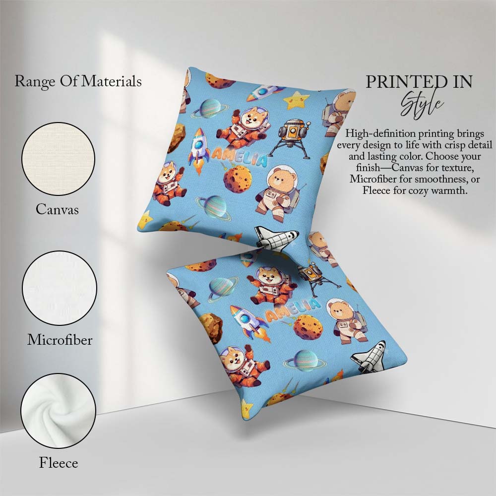 Custom Name Space Dog Bear Astronaut Rockets Seamless Background Square Filled Cushion Throw Pillow Sofa Bed Home Decor Zip Washable UK Made