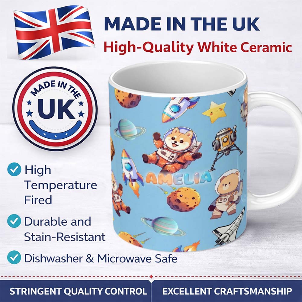 Personalized Custom Name Space Dog Bear Astronaut Rockets Planets Seamless Blue Background 11oz Ceramic Coffee Tea Mug White Large Handle