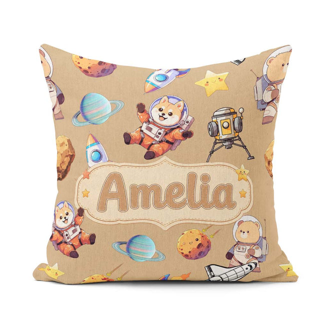 Custom Name Space Dog Bear Astronaut Rockets Seamless Background Square Filled Cushion Throw Pillow Sofa Bed Home Decor Zip Washable UK Made