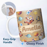Personalized Custom Name Space Dog Bear Astronaut Rockets Planets Seamless Beige Background 11oz Ceramic Coffee Tea Mug White Large Handle