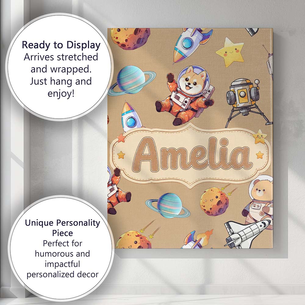Personalised Name Space Dog Bear Astronaut Custom  Unique Gift Idea Elegant Feature Canvas Wall Art Print Decor Picture Ready to Hang
