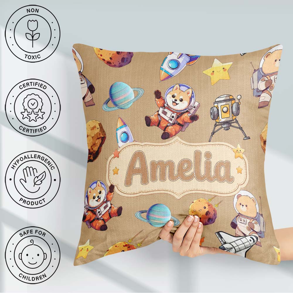 Custom Name Space Dog Bear Astronaut Rockets Seamless Background Square Filled Cushion Throw Pillow Sofa Bed Home Decor Zip Washable UK Made