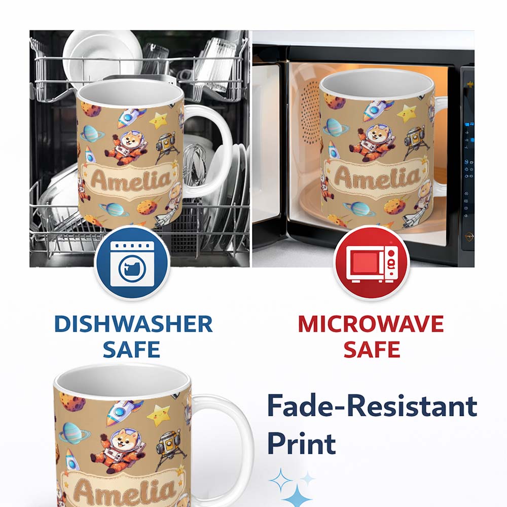 Personalized Custom Name Space Dog Bear Astronaut Rockets Planets Seamless Beige Background 11oz Ceramic Coffee Tea Mug White Large Handle