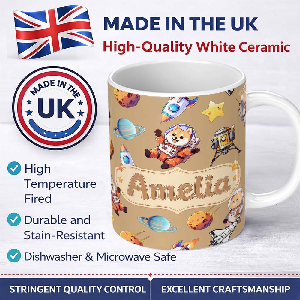 Personalized Custom Name Space Dog Bear Astronaut Rockets Planets Seamless Beige Background 11oz Ceramic Coffee Tea Mug White Large Handle