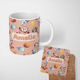 Personalized Custom Name Space Dog Bear Astronaut Rockets Planets Seamless Peach Background 11oz Ceramic Coffee Tea Mug White Large Handle