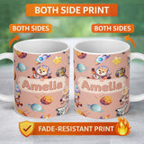 Personalized Custom Name Space Dog Bear Astronaut Rockets Planets Seamless Peach Background 11oz Ceramic Coffee Tea Mug White Large Handle