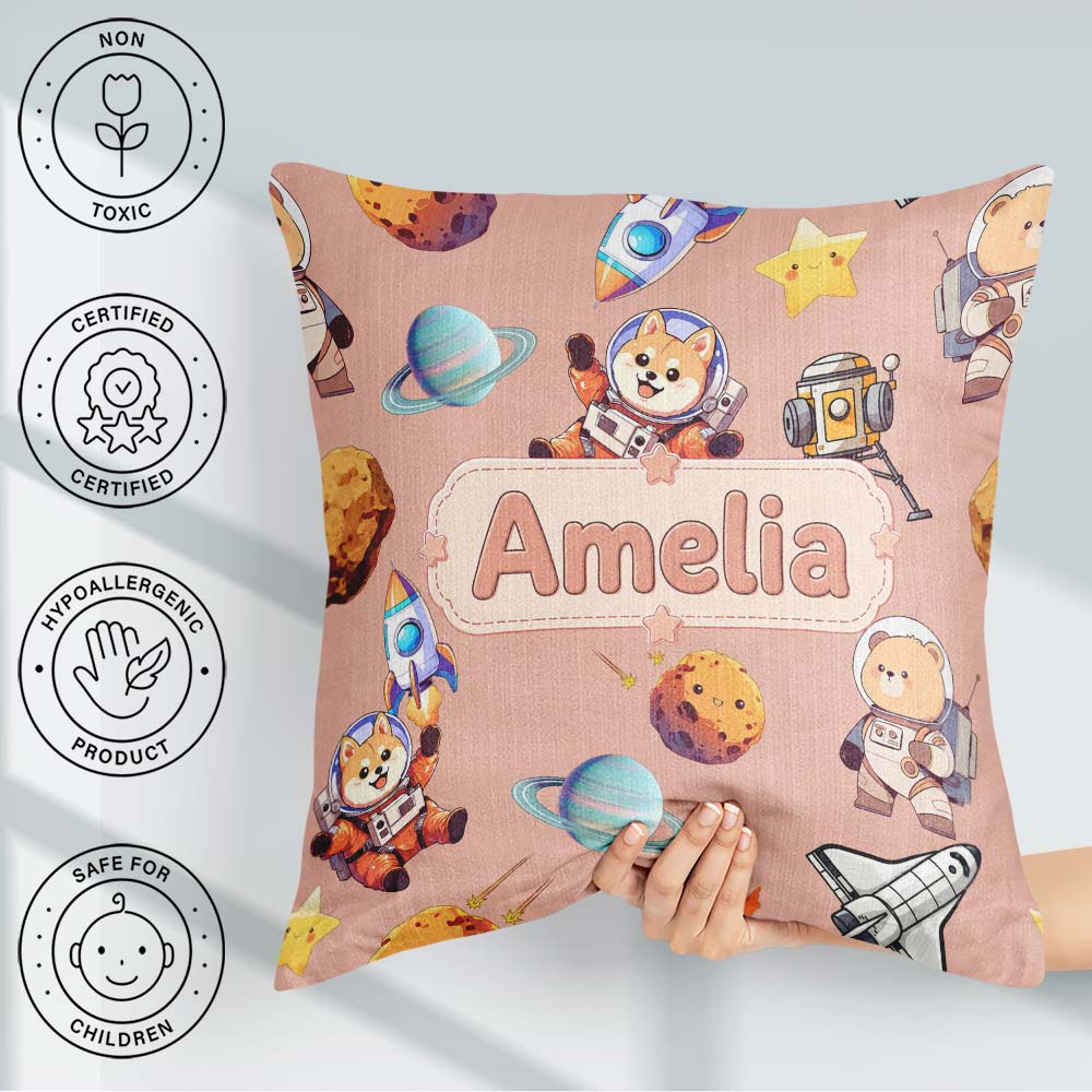 Custom Name Space Dog Bear Astronaut Rockets Seamless Background Square Filled Cushion Throw Pillow Sofa Bed Home Decor Zip Washable UK Made