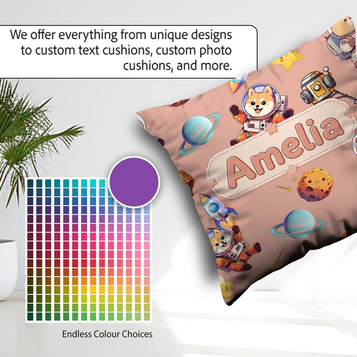 Custom Name Space Dog Bear Astronaut Rockets Seamless Background Square Filled Cushion Throw Pillow Sofa Bed Home Decor Zip Washable UK Made